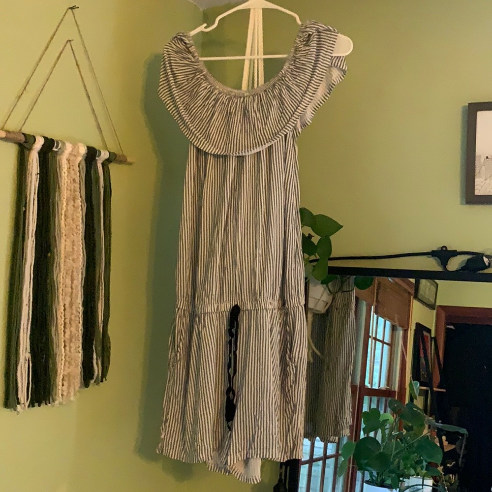 Grey and blue striped romper size 12